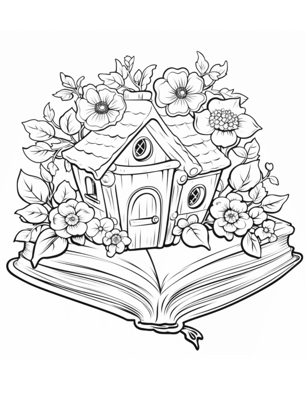 house with flowers on top of a book coloring