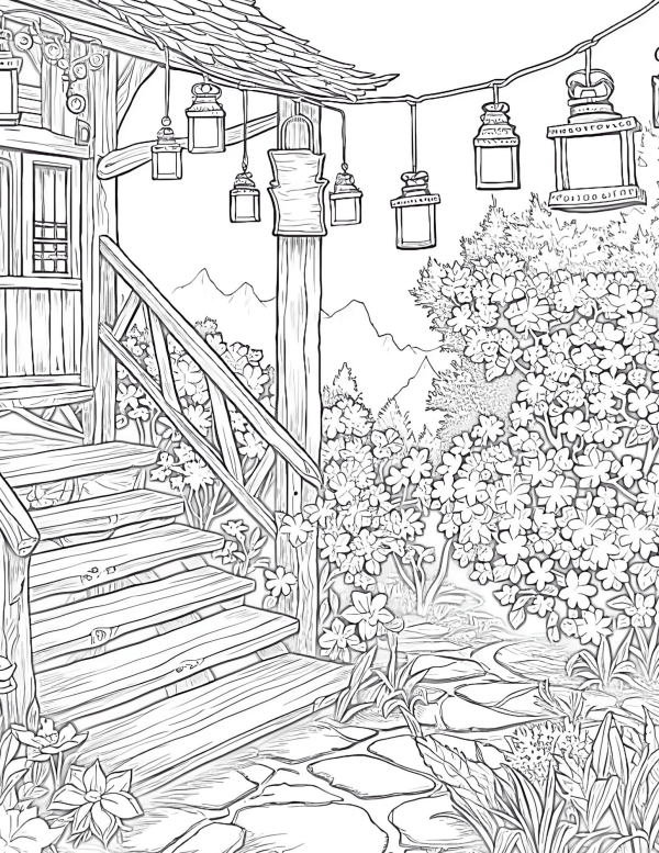 Porch entrance with flowers aesthetic colouring sheets