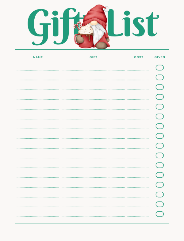 gift list printable gnome aesthetic