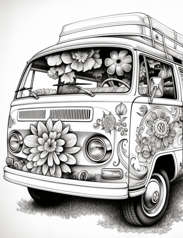VW Van with flower detail coloring page