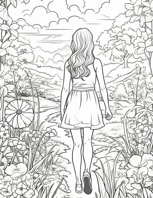 Girl in the garden coloring sheet
