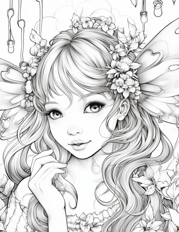 fairy girl with fairy lights aesthetic coloring pages  vintage coloring pages aesthetic female flowers in her hair 