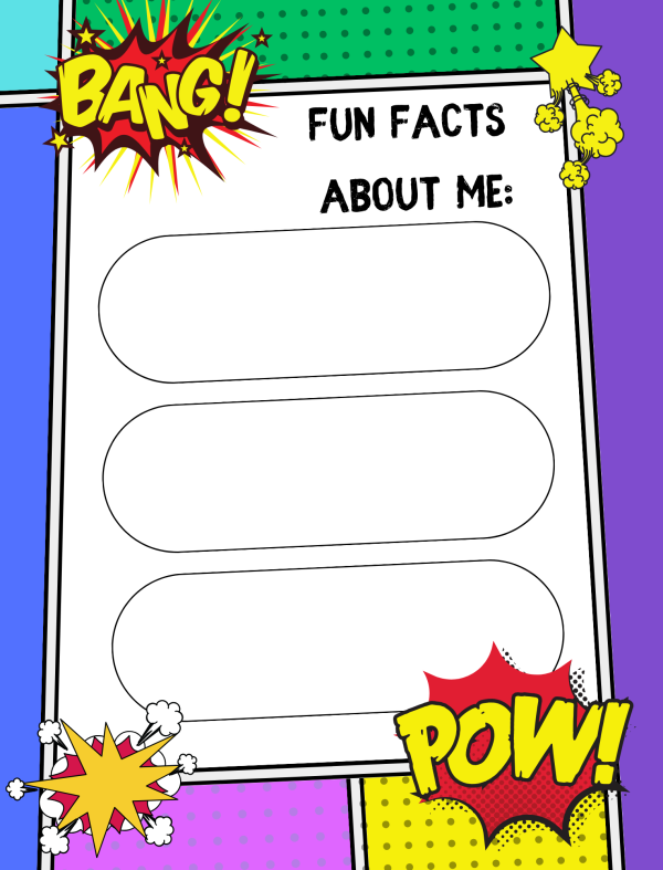 comic book printable fun facts about me worksheets