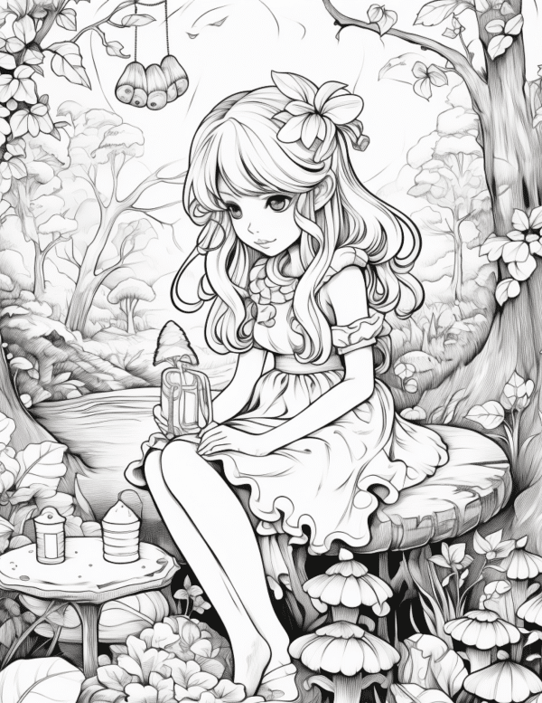 fairy girl with fairy lights aesthetic coloring pages  vintage coloring pages aesthetic female flowers in her hair 