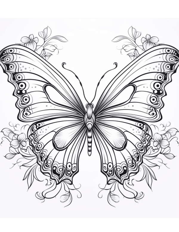 butterfly aesthetic coloring pages with flowers around the butterfl