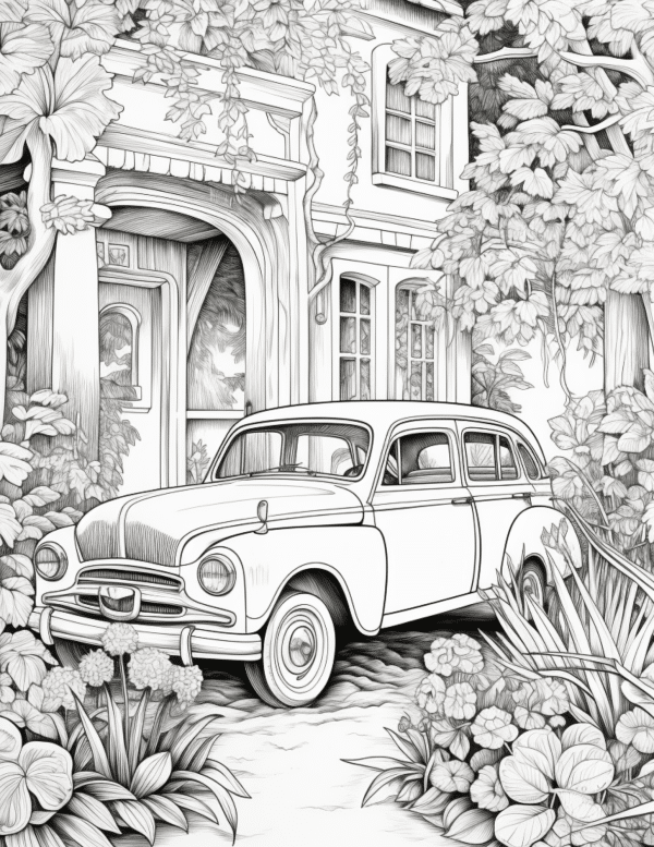 vintage aesthetic coloring pages with vintage car in garden in front of house