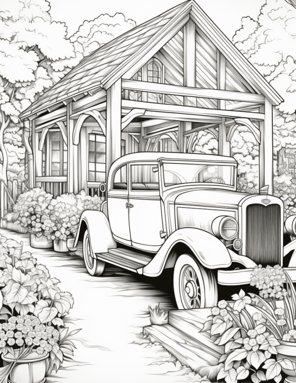 Easy aesthetic coloring pages of a vintage car with a wood shed