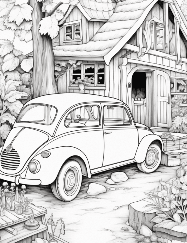 vintage aesthetic coloring pages with vintage car in garden in front of house