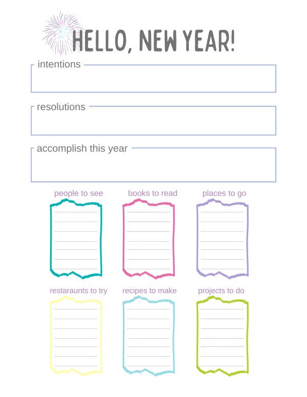 Hello new year printable worksheet accomplish this year resolutions books to read people to see