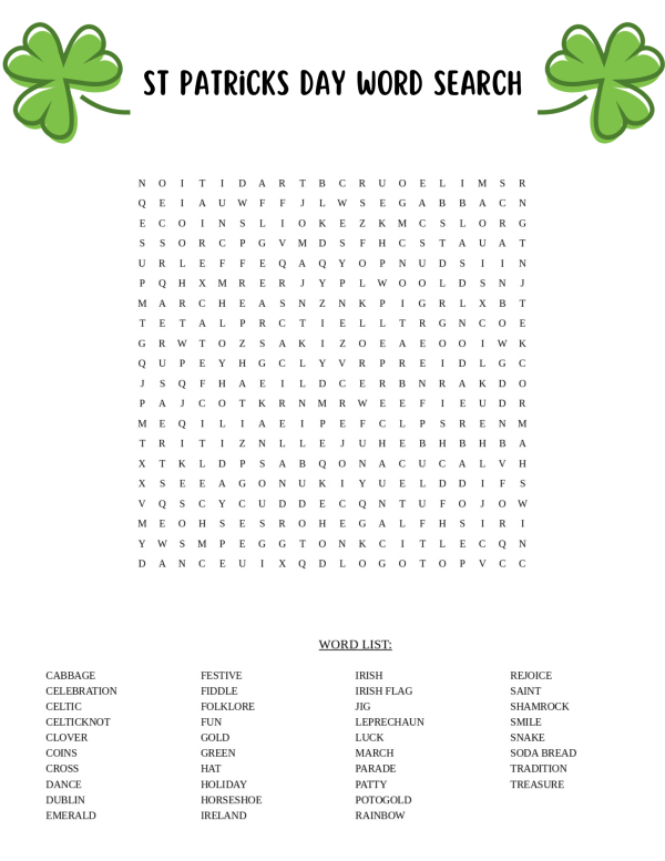 St patricks day word search printable hard word search with solutions free pdf printable game