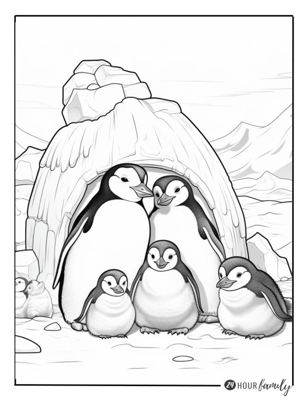 family of penguins in a snowy setting in an igloo colouring page for kids and adults
