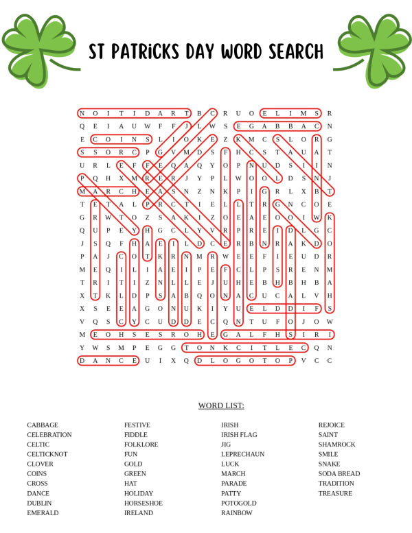 St patricks day word search printable hard word search with solutions free pdf printable game