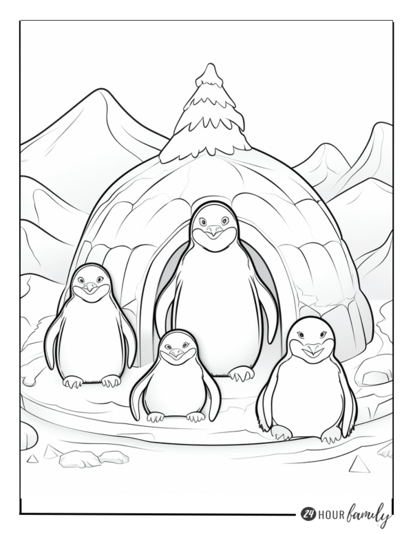 family of penguins inside a snowy setting in an igloo colouring page for kids and adults