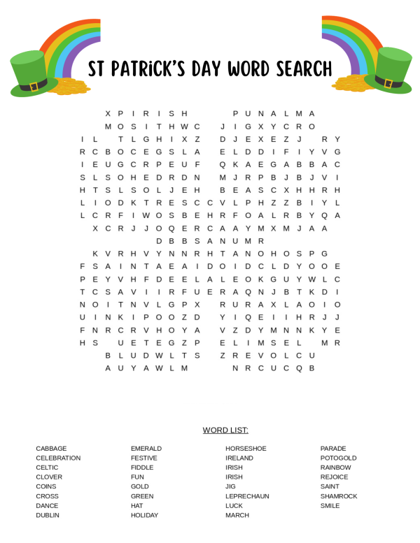 St patrick's day word search medium difficulty clover shaped word search with solutions answers to word search 