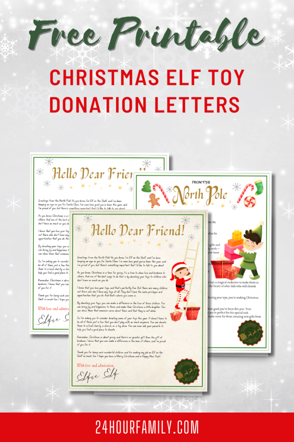 Poster of Elf on the Shelf themed toy donation letters on a festive bokeh background