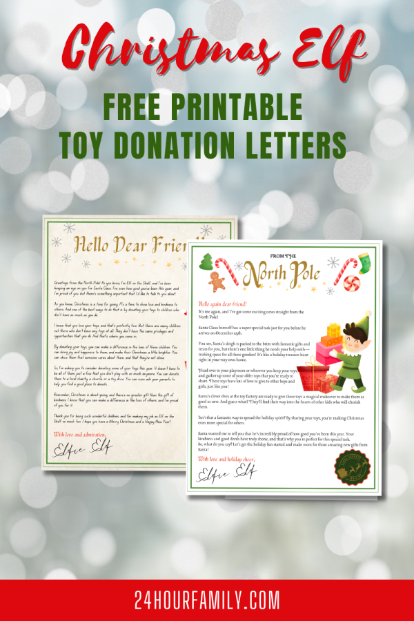  sparkly background with elf on the shelf toy donation letters and free printable letters 