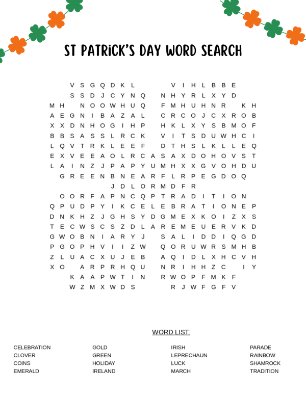 St Patricks day easy word search with solutions free printable PDF clover shaped word search