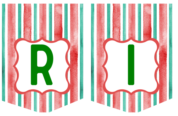 Two christmas striped banners with the letter R and I