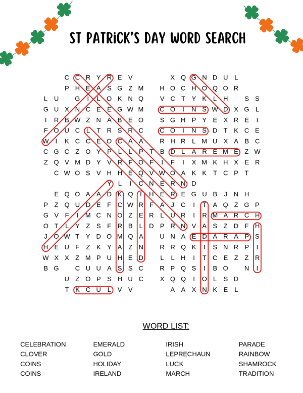 St Patricks day easy word search with solutions free printable PDF clover shaped word search