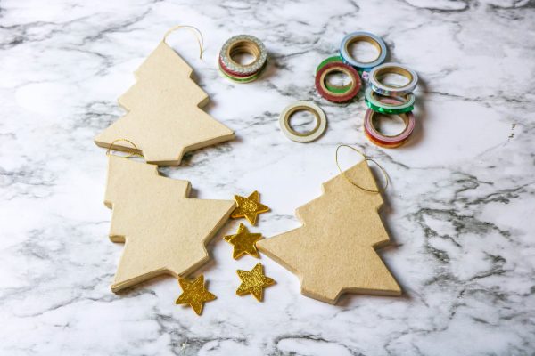 supplies needed to make an easy christmas tree ornament using washi tape