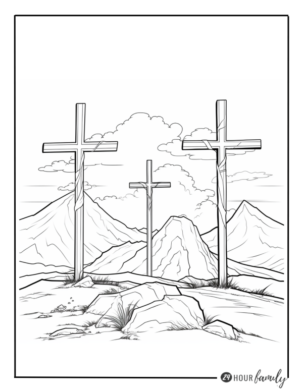 three crosses on a hill coloring pages