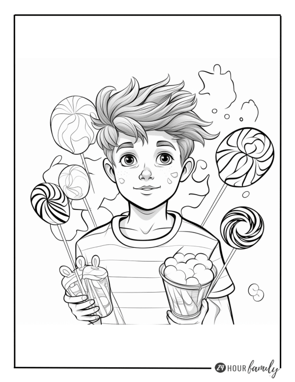 teen boy coloring page with candy colouring pages