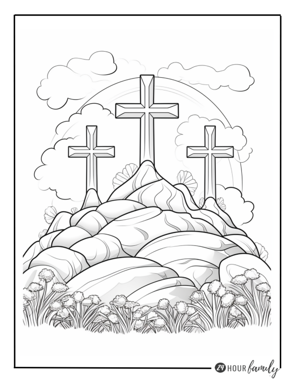three crosses on a hill coloring page colouring sheet
