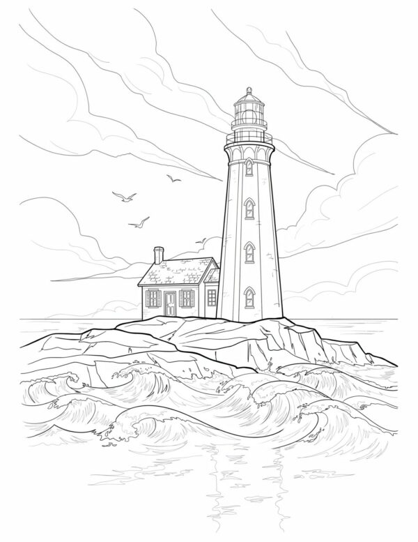 A coastal lighthouse scene ideal for practicing water reflections and dramatic sky gradients.