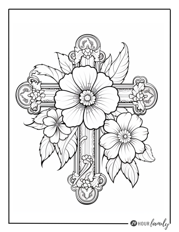 cross with flowers coloring page colouring sheet