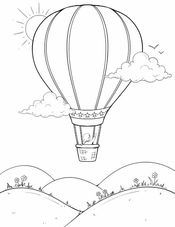 A whimsical hot air balloon scene perfect for bold colors and soft sky washes.