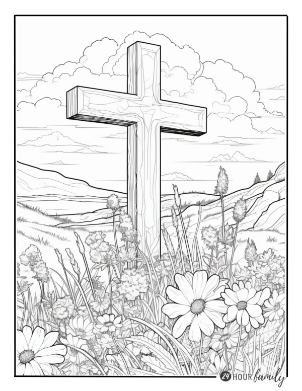 wooden cross with flowers coloring pages