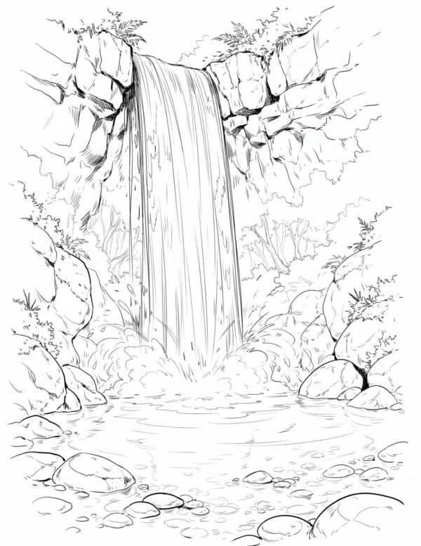 A dramatic waterfall scene great for practicing the movement and transparency of water.