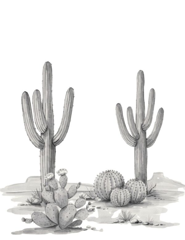 A trendy desert cactus scene perfect for modern boho watercolor wall art.
