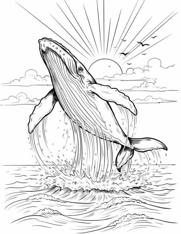 A majestic breaching whale against a sunset sky, perfect for bold ocean color blending.