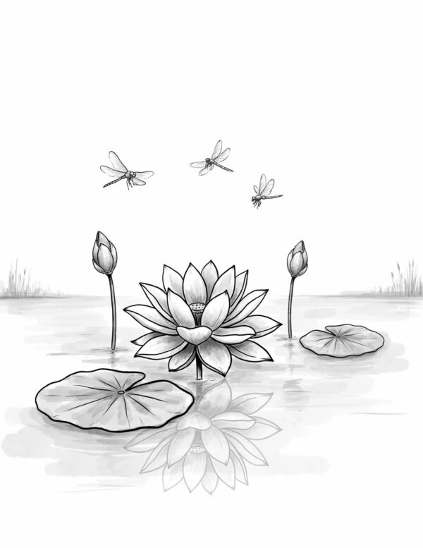 A serene lotus on still water, perfect for soft pink petal washes and reflective water.