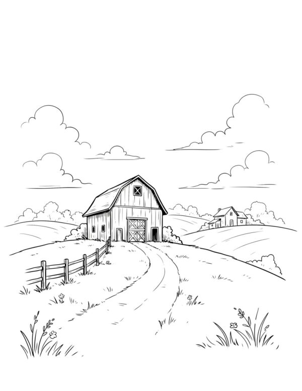  A charming countryside barn scene ideal for practicing landscape perspective and texture.