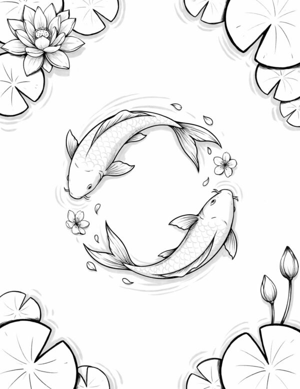 Elegant koi swimming among lily pads, perfect for bold orange and gold Japanese-inspired art.