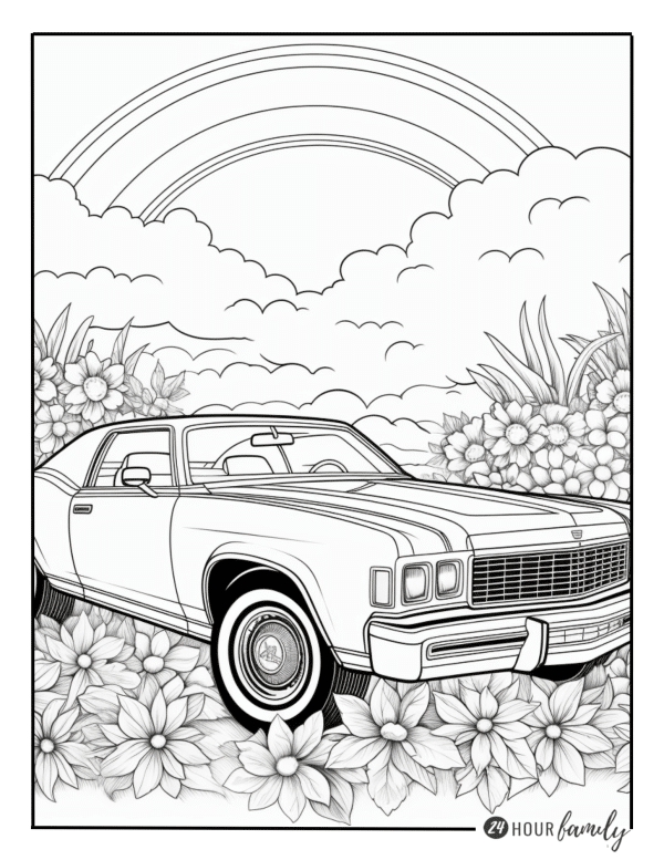 Vintage car in flowers coloring page
