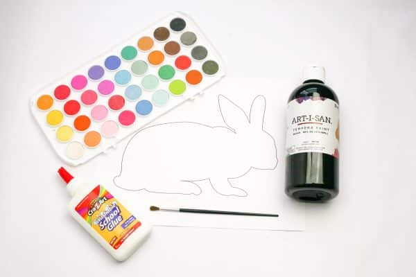 supplies needed to make an easter blakc line painting project easter bunny free template