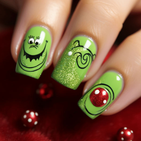 Grinch nail designs for Christmas nail ideas, fun nail designs of the grinch