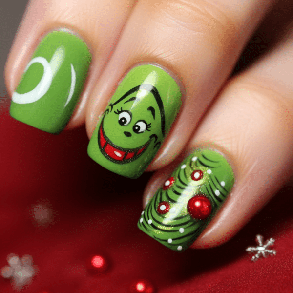 Grinch nail designs for Christmas nail ideas, fun nail designs of the grinch