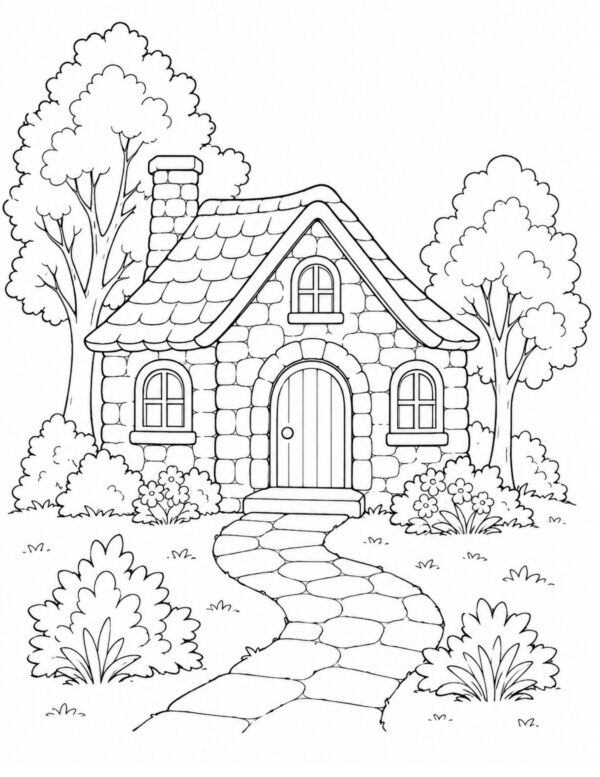 A cozy cottage with a winding path and garden landscaping 