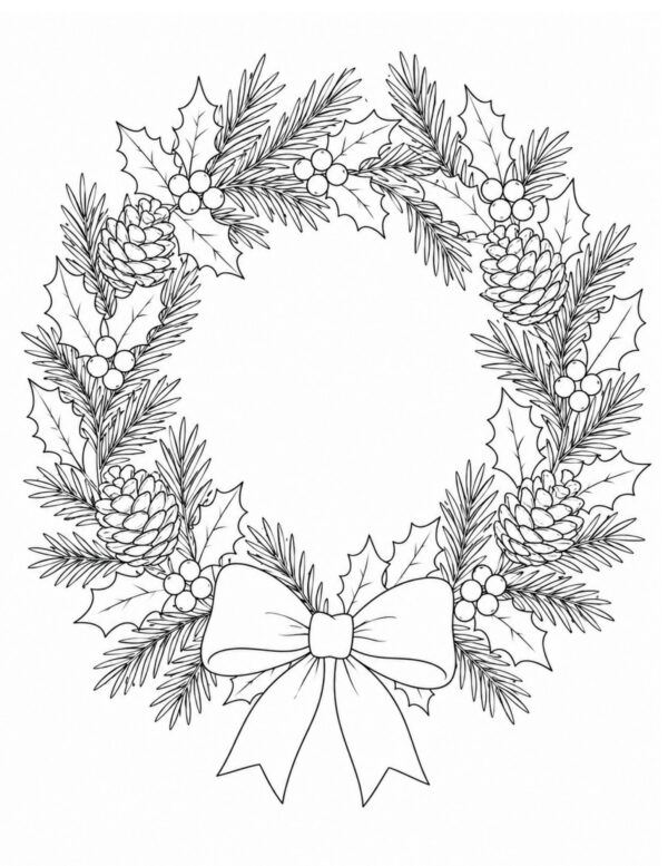 A traditional wreath with evergreen branches, holly, berries, pinecones, and a bow for a seasonal watercolor project.