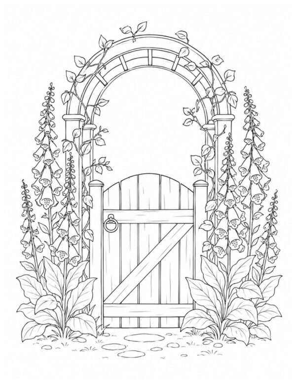 An arched garden gate surrounded by tall foxgloves and climbing leaves, 