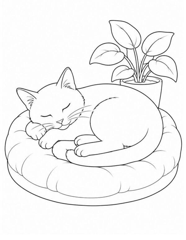 A curled sleeping cat on a cushion beside a potted plant