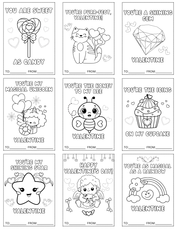 Valentine's coloring pages for kids preschool, kindergarten valentine's cards, free to print