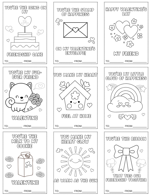 free printable valentines day cards to color for Valentine's day parties, school classroom use 