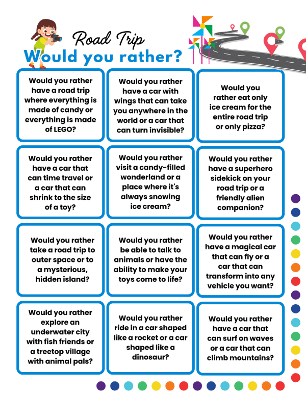 Road trip games, road trip printables, would you rather raod trip questions
