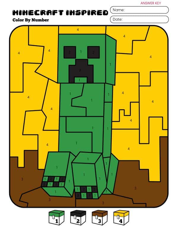 minecraft creeper color by number, minecraft creeper coloring, minecraft activity for kids