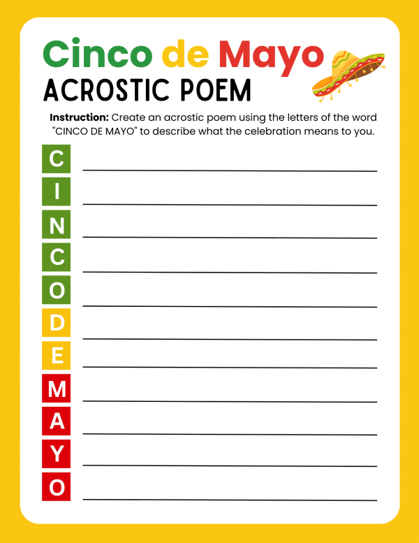 cinco de mayo acrostic poem printable worksheet